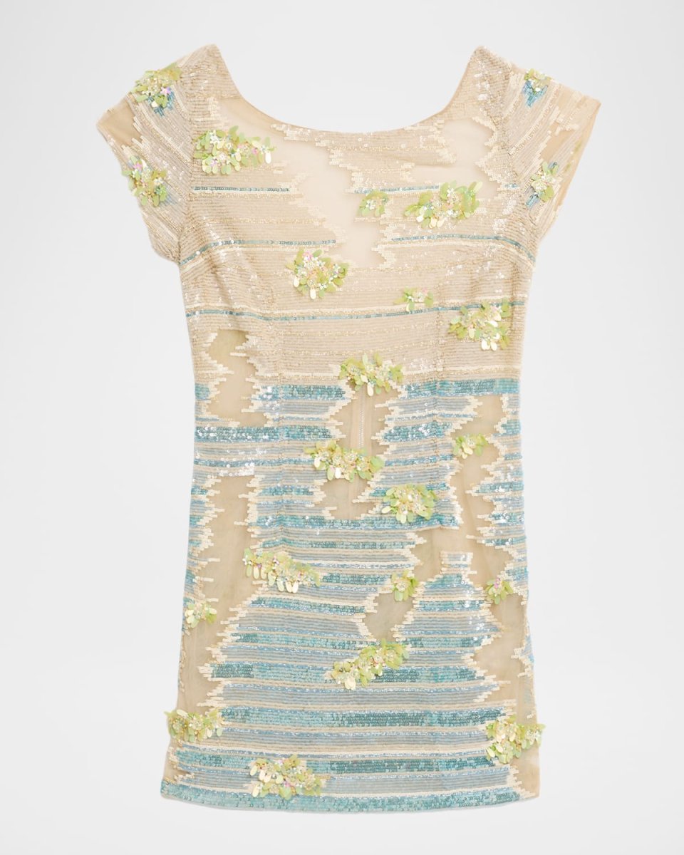 Ombre Embellished Cap-Sleeve Backless Mini Dress